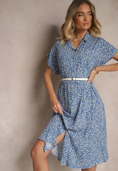 Granatowa Koszulowa Sukienka z Bawełny w Kwiaty o Rozkloszowanym Fasonie Sarilon. Niebieskie sukienki Renee, na co dzień, l, bez wzorów, z bawełny, eleganckie, bez kołnierzyka, bez ramiączek, midi, koszulowe. Za 59.99 zł.