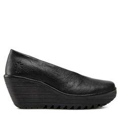 Półbuty Fly London. Czarne półbuty wsuwane Fly London, bez wzorów, bez obcasa, na koturnie. Za 459.99 zł.