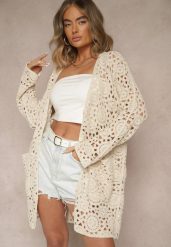 Beżowy Bawełniany Kardigan z Ażurowej Tkaniny z Kieszeniami Linetea. Brązowe swetry Renee, w ażurowe wzory, z bawełny, eleganckie, bez ramiączek. W wyprzedaży za 143.99 zł.