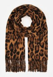 Brązowy Wiskozowy Szalik w Panterkę z Frędzlami Vetivada. Brązowe szaliki i kominy Born2be, bez wzorów, z jeansu, biznesowe. Za 39.99 zł.