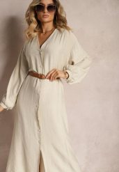 Beżowa Sukienka w Stylu Koszulowym z Bufiastymi Rękawami i Wiskozą Denisea. Brązowe sukienki Renee, na spotkanie biznesowe, bez wzorów, z tkaniny, eleganckie, bez kołnierzyka, bez ramiączek, midi, koszulowe. W wyprzedaży za 83.99 zł.