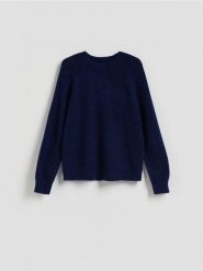 Sweter z wełną - granatowy. Niebieskie swetry Reserved, l, bez wzorów, z dzianiny, bez ramiączek. Za 149.99 zł.