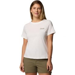 T-shirt sportowy z krótkim rękawem damski Rolling Bend Graphic SS Tee. Brązowe t-shirty sportowe Columbia, m, bez wzorów, z bawełny, bez ramiączek, do biegania. Za 99.99 zł.