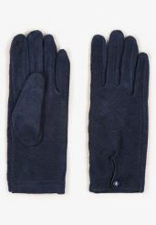 Granatowe Rękawiczki z Bawełną Ozdobione Rombami i Guzikiem Fenemi. Niebieskie rękawiczki Renee, bez wzorów, z bawełny, eleganckie. W wyprzedaży za 23.99 zł.