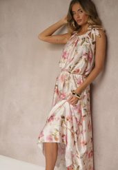 Różowa Sukienka z Satyny w Kwiatowy Wzór Fenimea. Czerwone sukienki Renee, na imprezę, s, bez wzorów, z satyny, eleganckie, bez kołnierzyka, bez ramiączek, maxi. W wyprzedaży za 143.99 zł.