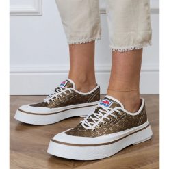 Brązowe trampki damskie na platformie. Brązowe trampki bez wzorów, z materiału, eleganckie, bez zapięcia. Za 74.48 zł.