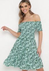 Zielona Bawełniana Sukienka z Dekoltem Typu Hiszpanka i Lekką Falbanką Hannesia. Zielone sukienki Born2be, na co dzień, l, bez wzorów, z bawełny, eleganckie, bez kołnierzyka, bez ramiączek, mini. Za 59.99 zł.