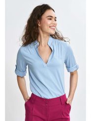 Nife Bluzka w kolorze błękitnym rozmiar: 36. Niebieskie bluzki Nife, bez wzorów, z wiskozy, bez kołnierzyka, bez ramiączek. Za 113.36 zł.