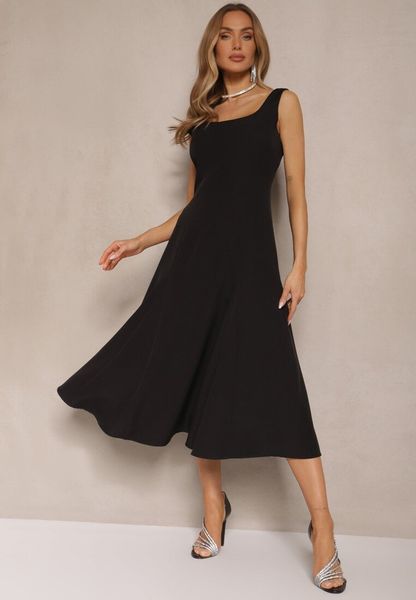 Czarna Rozkloszowana Sukienka w Klasycznym Stylu Deslene. Czarne sukienki Renee, na co dzień, l, bez wzorów, eleganckie, bez kołnierzyka, bez ramiączek, midi, proste. Za 109.99 zł.