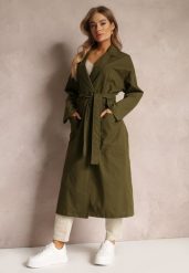 Zielony Płaszcz z Wiązanym Paskiem Oversize Terethia. Zielone płaszcze Renee, l, bez wzorów, z materiału, bez kaptura. W wyprzedaży za 259.99 zł.