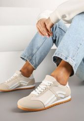 Beżowe Sneakersy Klasyczne Tenisówki Zdobione Przeszyciami Ellexia. Brązowe trampki Renee, z aplikacjami, z jeansu, klasyczne, bez zapięcia. W wyprzedaży za 67.99 zł.