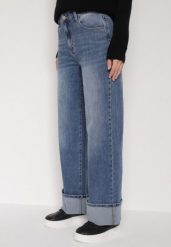 Niebieskie Szerokie Jeansy z Wysokim Stanem i Podwiniętymi Nogawkami Jilora. Niebieskie jeansy Born2be, bez wzorów, z jeansu, biznesowe, z podwyższonym stanem. Za 109.99 zł.