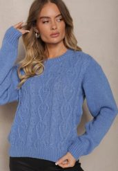 Niebieski Sweter z Wełną Ozdobnym Splotem i Ściągaczem Nariae. Niebieskie swetry Renee, uniwersalny, bez wzorów, z jeansu, casualowe, bez ramiączek. Za 54.99 zł.