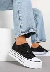 Czarne Siateczkowe Trampki Vices na Platformie Zdobione Cekinami Telandria. Czarne trampki Born2be, z aplikacjami, z jeansu, eleganckie, bez zapięcia. W wyprzedaży za 59.49 zł.