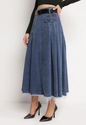 Granatowa Jeansowa Spódnica o Rozkloszowanym Fasonie z Paskiem Firlana. Niebieskie spódnice Born2be, na imprezę, m, bez wzorów, z jeansu, maxi, rozkloszowane. Za 219.99 zł.