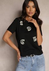 Czarny T-shirt z Cyrkoniami Perełkami i Naszywkami Silvivia. Czarne t-shirty Renee, z aplikacjami, z jeansu, sportowe, bez kołnierzyka, bez ramiączek. W wyprzedaży za 91.99 zł.