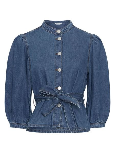 MOSS COPENHAGEN Bluzka dżinsowa "Rylan" w kolorze niebieskim rozmiar: S. Niebieskie bluzki Moss Copenhagen, s, bez wzorów, z bawełny, bez kołnierzyka, bez ramiączek. Za 209.82 zł.