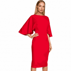 Sukienka elegancka ołówkowa z szerokimi rękawami czerwona z pelerynką. Czerwone sukienki Sukienki.shop, na komunię, xxl, bez wzorów, eleganckie, bez kołnierzyka, bez ramiączek, ołówkowe. Za 289.00 zł.