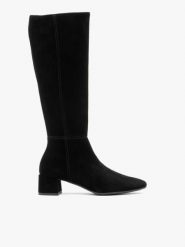 Czarne kozaki na słupku. Czarne kozaki Brawo sp. z o.o., bez wzorów, ze skóry, eleganckie, przed kolano, bez obcasa, na obcasie, bez zapięcia. Za 649.99 zł.