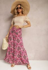 Ciemnofioletowe Spodnie Szerokie z Wiskozy w Ornamentalny Wzór High Waist Cramelia. Fioletowe jeansy Renee, m, bez wzorów, z jeansu, z podwyższonym stanem, długie. W wyprzedaży za 43.99 zł.