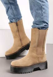 Ciemnobeżowe Botki na Platformie Alnuce. Brązowe botki Renee, bez wzorów, z jeansu, klasyczne, za kostkę, bez obcasa, na platformie, bez zapięcia. Za 74.99 zł.