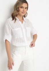 Biała Koszula z Bawełny w Paski z Podpinanymi Rękawami Lisirwena. Białe koszule Born2be, l, bez wzorów, z bawełny, eleganckie, bez kołnierzyka, bez ramiączek. Za 89.99 zł.