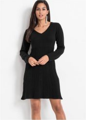 Sukienka dzianinowa. Czarne sukienki bonprix, bez wzorów, z dzianiny, bez kołnierzyka, bez ramiączek, dopasowane. Za 124.99 zł.