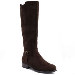 Kozaki damskie zamszowe ciemny brąz Sabatina 24160-100. Kozaki Sabatina, bez wzorów, ze skóry ekologicznej, eleganckie, bez obcasa, bez zapięcia. Za 189.99 zł.