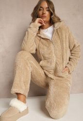 Beżowy Futerkowy Komplet Dresowy Bluza na Suwak z Kapturem i Spodnie Anatilea. Brązowe bluzy z kapturem Renee, bez wzorów, z dresówki, z kapturem. Za 79.99 zł.