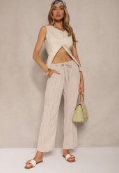 Beżowe Spodnie High Waist ze Sznurkiem Savurelle. Brązowe jeansy Renee, z aplikacjami, z jeansu, sportowe, z podwyższonym stanem. W wyprzedaży za 39.99 zł.