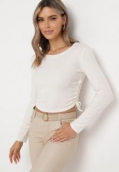 Jasnobeżowa Bluzka ze Sznurkami w Pasie po Bokach Kerenta. Brązowe bluzki Born2be, bez wzorów, eleganckie, bez kołnierzyka, bez ramiączek. W wyprzedaży za 55.24 zł.