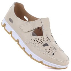 Skórzane półbuty damskie ażurowe na rzep beżowe T.Sokolski W26-86. Brązowe półbuty wsuwane T.Sokolski, w ażurowe wzory, ze skóry, bez obcasa. Za 169.99 zł.