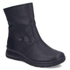 Wodoodporne botki damskie czarne Rieker L7760-00. Czarne botki Rieker, bez wzorów, ze skóry ekologicznej, bez obcasa, bez zapięcia. Za 389.00 zł.