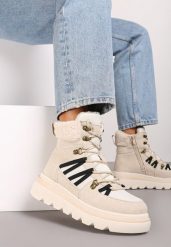 Beżowe Futerkowe Traperki na Niskiej Platformie Linivora. Brązowe traperki Renee, bez wzorów, z jeansu, klasyczne, bez obcasa, na platformie, bez zapięcia. Za 89.99 zł.