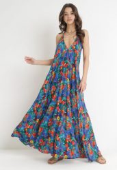 Niebieska Rozkloszowana Sukienka Maxi Wiązana na Szyi z Wiskozy w Kwiaty Enisa. Niebieskie sukienki Born2be, m, bez wzorów, z tkaniny, bez kołnierzyka, bez ramiączek, maxi, rozkloszowane. Za 139.99 zł.