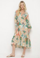 Beżowo-Zielona Rozkloszowana Sukienka z Długim Rękawem i Falbankami Amollas. Brązowe sukienki Born2be, na co dzień, m, z aplikacjami, klasyczne, bez kołnierzyka, bez ramiączek, midi, rozkloszowane. Za 64.99 zł.