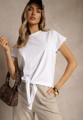 Biały Bawełniany T-shirt Wiązany u Dołu Sunalina. Białe t-shirty Renee, l, bez wzorów, z bawełny, bez kołnierzyka, bez ramiączek. W wyprzedaży za 27.99 zł.