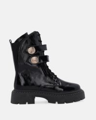 CZARNE LAKIEROWANE WORKERY 401002 203 BLACK. Czarne botki Venezia, bez wzorów, z lakierowanej skóry, bez obcasa, bez zapięcia. Za 379.00 zł.