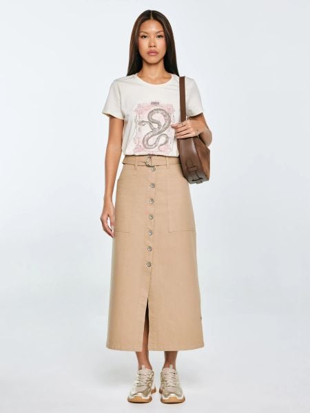 Spódnica damska midi z dodatkiem lnu z ozdobnymi guzikami beżowa Anesa 805. Brązowe spódnice BIG STAR, na co dzień, l, z aplikacjami, z tkaniny, eleganckie, midi, proste. W wyprzedaży za 99.99 zł.