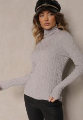Szary Golf z Wiskozą w Tłoczony Wzór Przeszyty Metaliczną Nitką Neldora. Szare swetry Renee, na zimę, bez wzorów, z jeansu, eleganckie, bez ramiączek. W wyprzedaży za 71.99 zł.