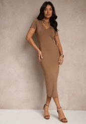 Brązowa Sukienka Bodycon o Dopasowanym Kroju z Dekoltem w V Efrerina. Brązowe sukienki Renee, na co dzień, l, bez wzorów, z jeansu, eleganckie, bez kołnierzyka, bez ramiączek, midi, bodycon. W wyprzedaży za 107.99 zł.