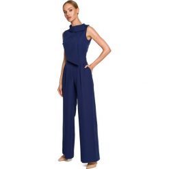 Elegancki Kombinezon z Wywijanym Kołnierzem - Granatowy. Niebieskie kombinezony MOE, l, bez wzorów, z elastanu, eleganckie, bez kołnierzyka, bez ramiączek. Za 298.90 zł.