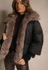 Czarna Pikowana Kurtka Zimowa z Futrem przy Kołnierzu i Ściągaczami Tildena. Czarne kurtki Renee, na zimę, l, bez wzorów, z futra, eleganckie, bez kaptura. Za 299.99 zł.