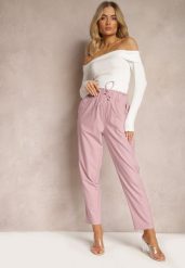 Różowe Spodnie Paper Bag z Elastyczną Talią i Sznurkiem Klemiordia. Czerwone jeansy Renee, l, bez wzorów, z jeansu. W wyprzedaży za 32.99 zł.