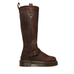 Kozaki Dr. Martens. Brązowe kozaki Dr Martens, bez wzorów, bez obcasa, na płaskiej podeszwie, bez zapięcia. Za 1,179.00 zł.