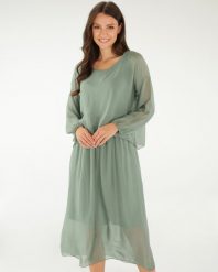 Jedwabna sukienka midi. Zielone sukienki Unisono, s, bez wzorów, z jedwabiu, bez kołnierzyka, bez ramiączek, midi. Za 299.00 zł.