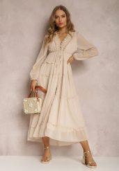 Beżowa Sukienka Endeina. Brązowe sukienki Renee, m, z aplikacjami, z tkaniny, bez kołnierzyka, bez ramiączek, maxi, rozkloszowane. W wyprzedaży za 183.99 zł.
