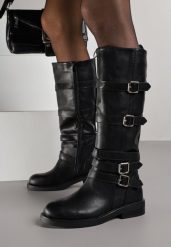 Czarne Kozaki Bikery Ozdobione Paskami i Kwadratowymi Klamrami Lingara. Czarne kozaki Born2be, bez wzorów, z jeansu, klasyczne, bez obcasa, na płaskiej podeszwie, bez zapięcia. Za 179.99 zł.