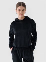 4F Bluza dresowa z weluru nierozpinana z kapturem damska - czarna XL. Czarne bluzy z kapturem 4f, xl, bez wzorów, z dresówki, z kapturem. W wyprzedaży za 59.99 zł.