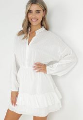 Biała Sukienka Nietoperz z Gumką w Pasie Amberly. Białe sukienki Born2be, na co dzień, l, bez wzorów, z jeansu, eleganckie, bez kołnierzyka, bez ramiączek, mini. Za 199.99 zł.